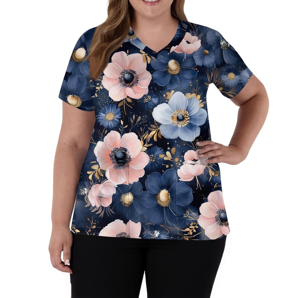Damenmode V-Ausschnitt Kurzarm Overalls mit Taschen Print Tops Kleidung