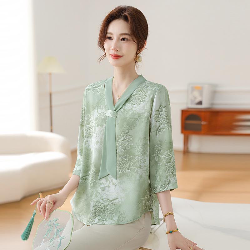 

2026 New Chinese Chiffon Summer Shirt for Middle-Aged & Elderly Women - Stylish & Modern 3XL (115-130 lbs recommended) зелёный