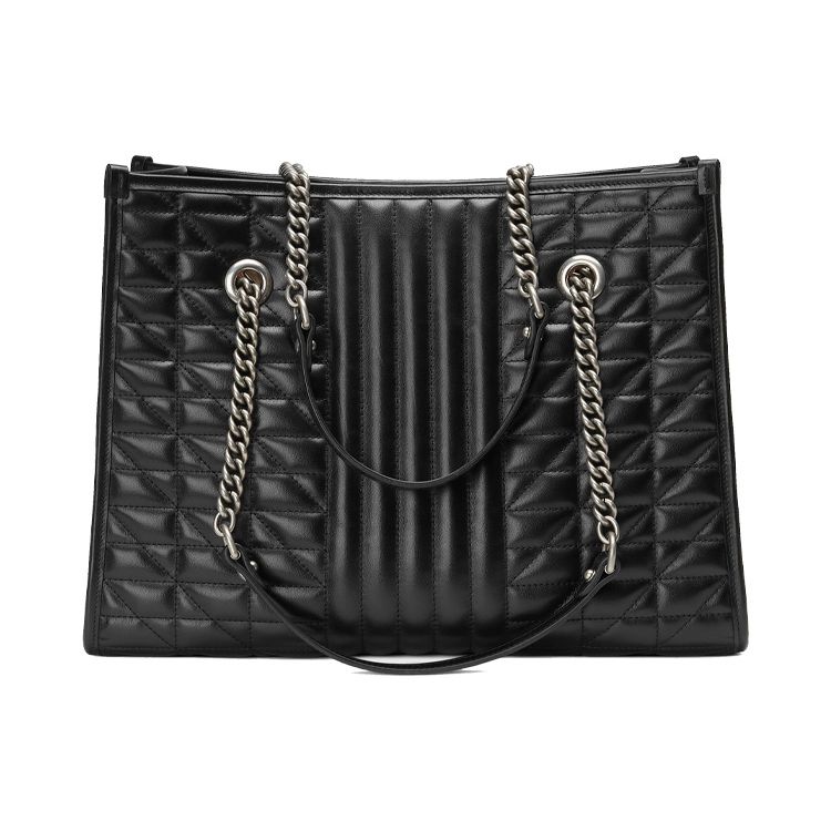 Gucci GG Marmont Silver Logo Vertical Stripe Quilted Large Capacity Versatile Chain Leather Tote Shopping Crossbody Shoulder Bag 675796-UM8BN-1000
