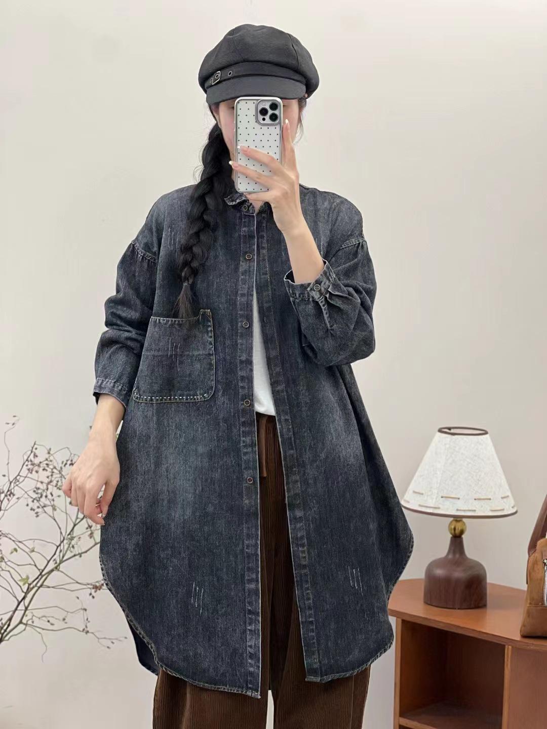 

Johnature Woman Autumn Vintage Retro Washing Turn Down Collar Cowboy Coat Fashion Casual Loose Single Breasted Coat One Size