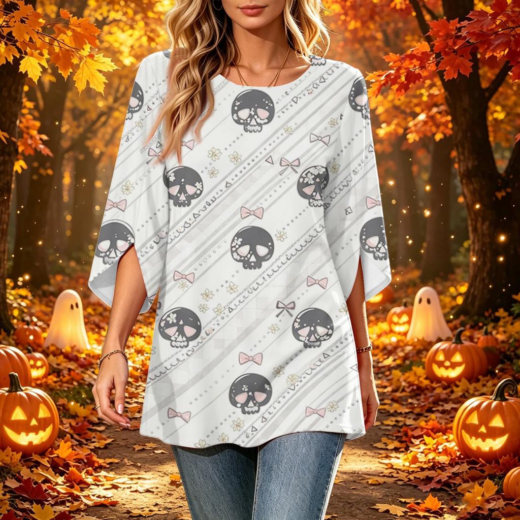 Women's Halloween Printed Casual Loose Fit Neck Three-Quarter Sleeve Top for Fall