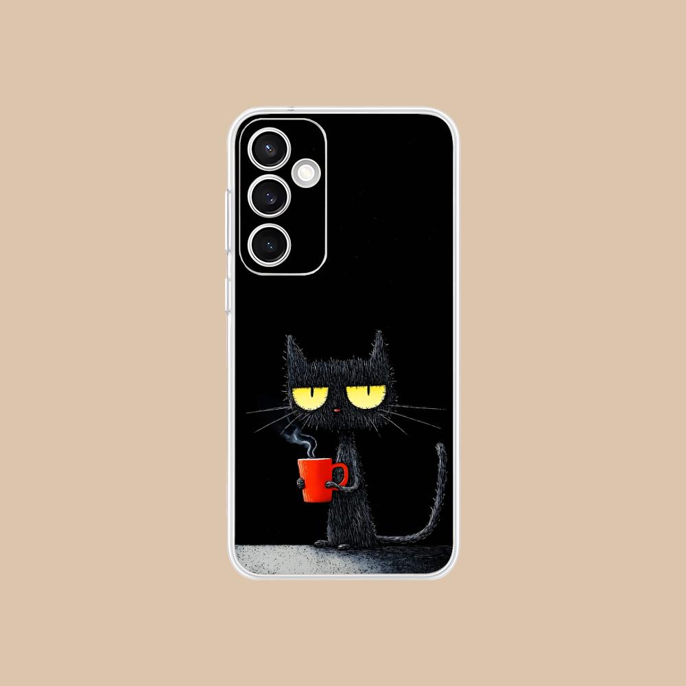 Cute Coffee Cat Clear Mobile Phone Case for Samsung Galaxy S25 S24 S23 S22 S21Plus FE Ultra Colorful Cover