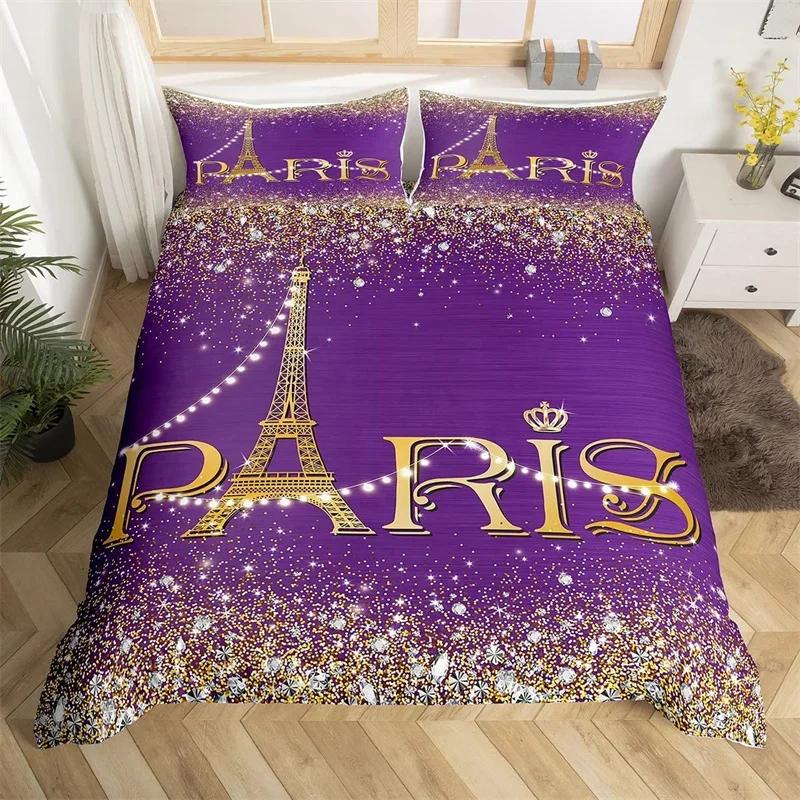 Eiffel Tower Duvet Cover Set Single Twin King For Kids Girl Teen Room Paris Bedding Set Microfiber Gradient Diamond Quilt Cover