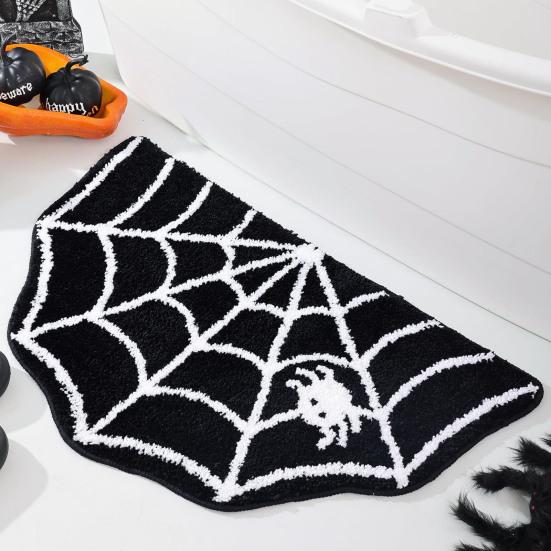 Halloween Welcome Doormat Half Circle Spider-Web Bat Skull Pumpkin Shape Floor Mat Non-Slip Entrance Mat for Front Door Porch Home Decoration