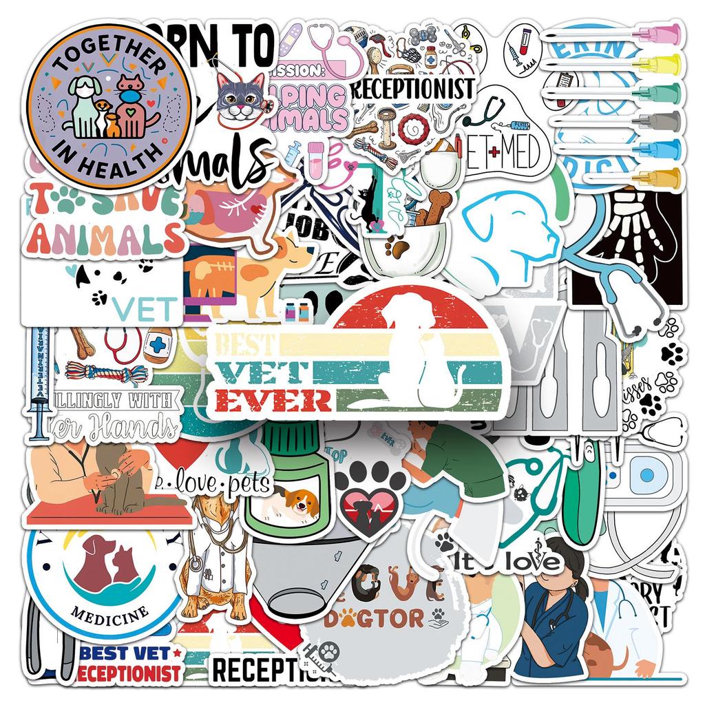 51 Waterproof Veterinary Cartoon Stickers for Thermos Cups, Journals, and Suitcases