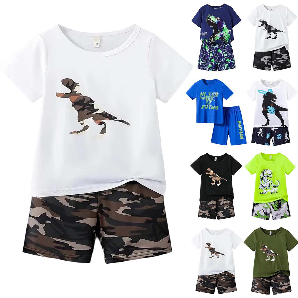 Boys Cartoon Dinosaur Short Sleeve T Shirt and Camouflage Shorts Set Summer Casual Outfit Lightweight Comfortable Fabric