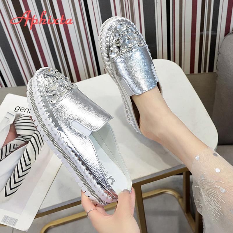 Fashion Aphixta 2024 Luxury Crystals Half Slides Women Bling Rubber Diamond Women Shoes Hand Stitching Platform Slippers For Women