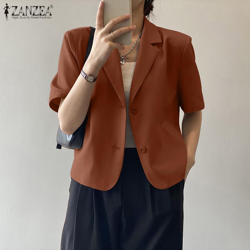 ZANZEA Damen Sommer Casual Revers Locker Kurzarm Bluse