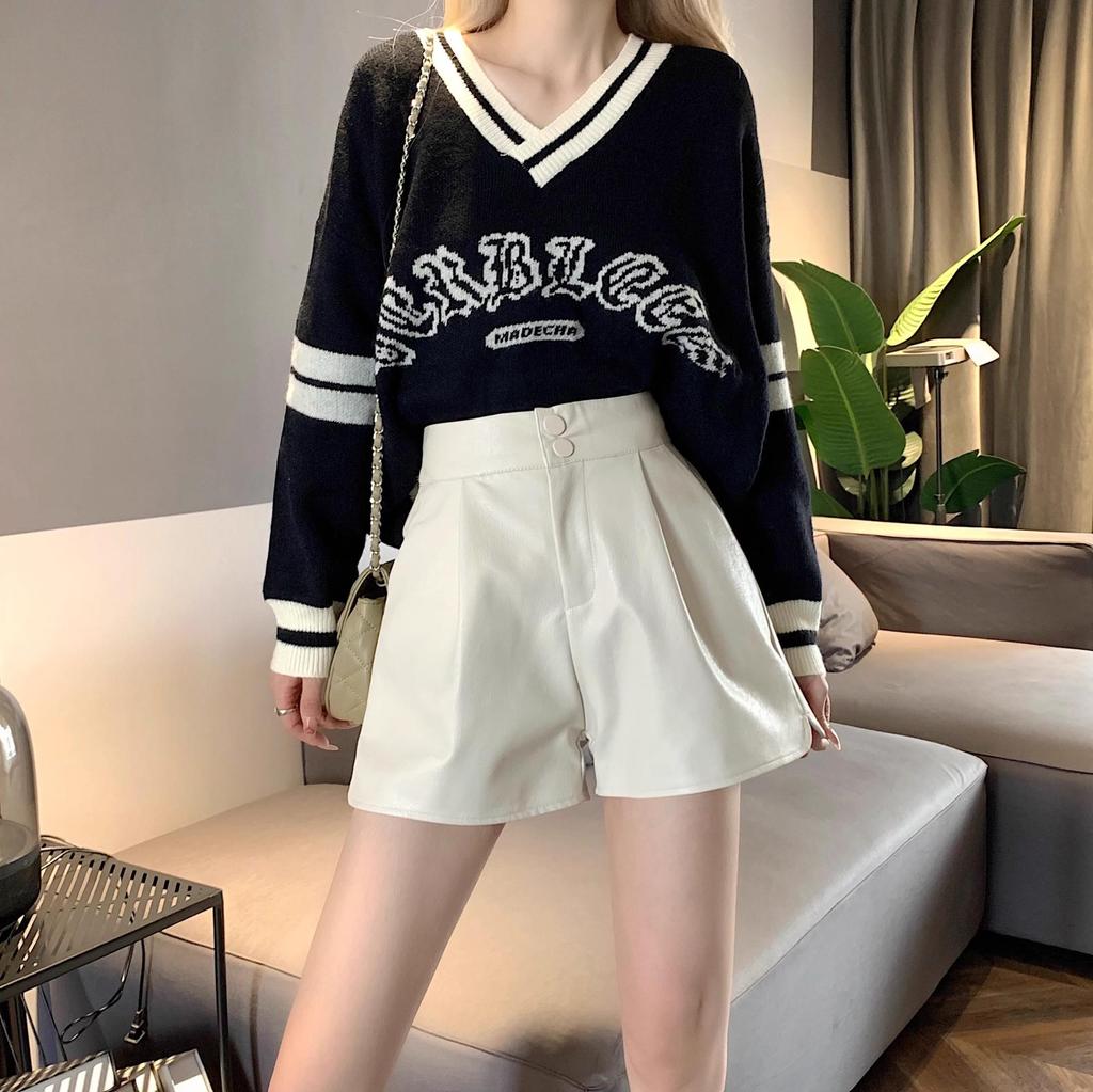 Autumn 2024 Plus Size Women's High Waist PU Leather Black Wide Leg Shorts