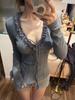 Korean Style V-Neck Lace-Up Lace Trim Long-Sleeve Thermal Top for Women