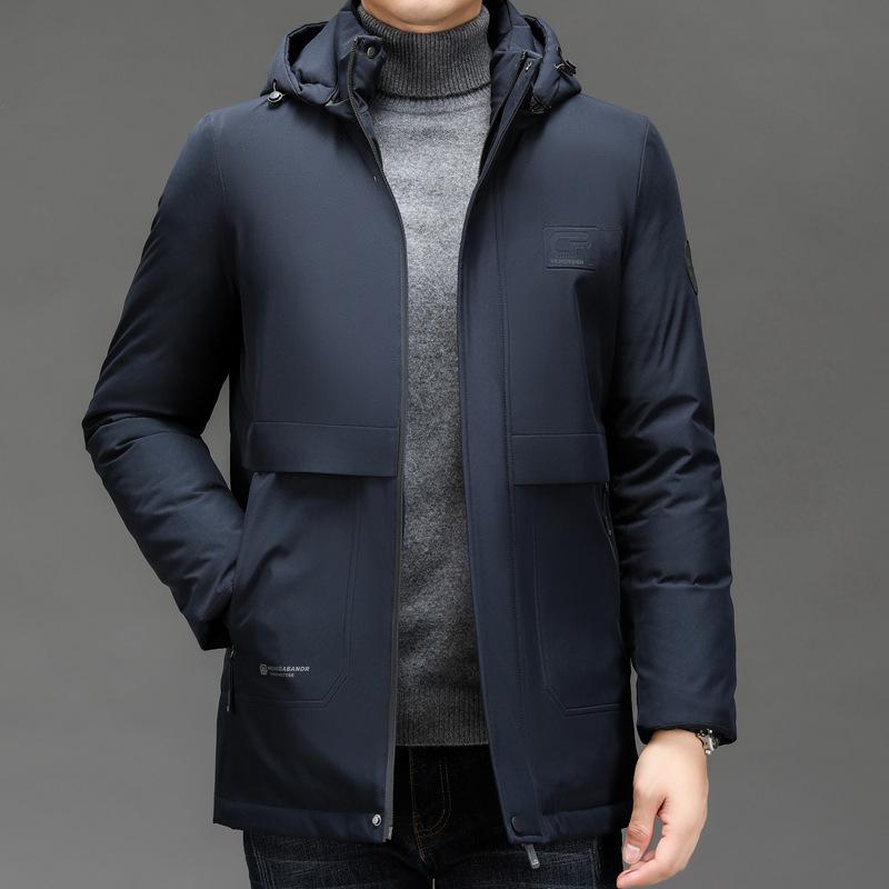 Winter Hooded Business Cotton Coat for Middle-aged and Elderly Men, Medium-length One Piece