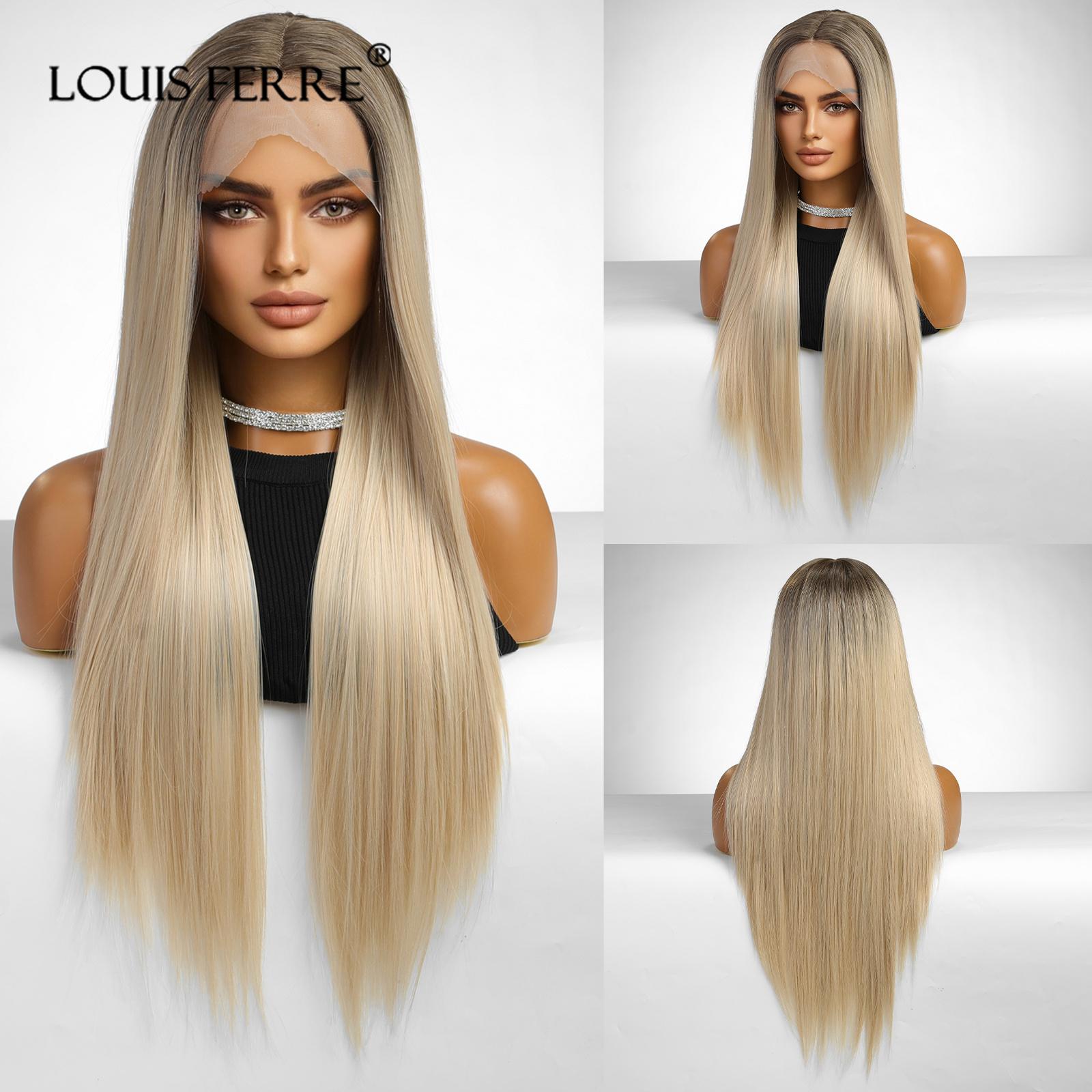 

LOUIS FERRE Парик спереди на шнуровке Длинные прямые коричневые серые парики с темным корнем для женщин Повседневная вечеринка Косплей WeHigh Density