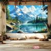 2D Forest Lake Tapestry, Snowy Mountain & Green Pine for Home Decor