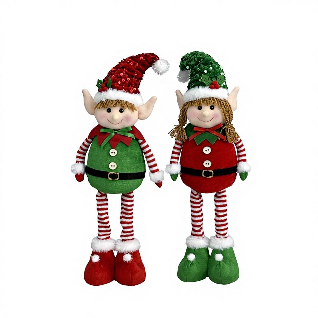 Gestreifte Weihnachtselfenpuppe mit Weihnachtsmannmütze und Stiefeln - Lustiges Figurenspielzeug und Heimdekoration.