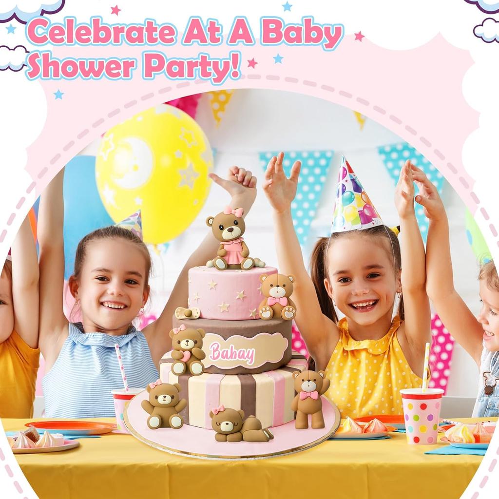 6 Pcs 3D Bear Cake Toppers Bear Cake Decorations Baby Shower Party Favors Home Ornaments for Baby Shower Birthday Party Cake Supplies Boys Girl