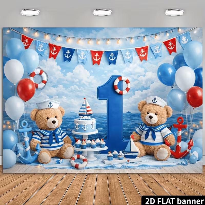 

2D Baby Boy 1st Birthday Photography Backdrop, Nautical Sailor Bear Decor 47.2x31.5inch/120*80cm