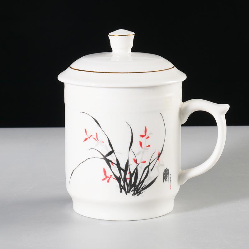 Meilan bamboo chrysanthemum ceramic teacup household large-capacity water cup with lid office meeting cup gift cup set lettering