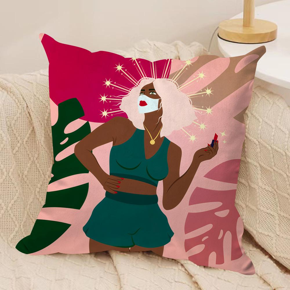 African Black Girls Fashion Cushion Cover Silky Short Plush Invisible Zipper Dustproof Sofa Pillow Case for Home Decor