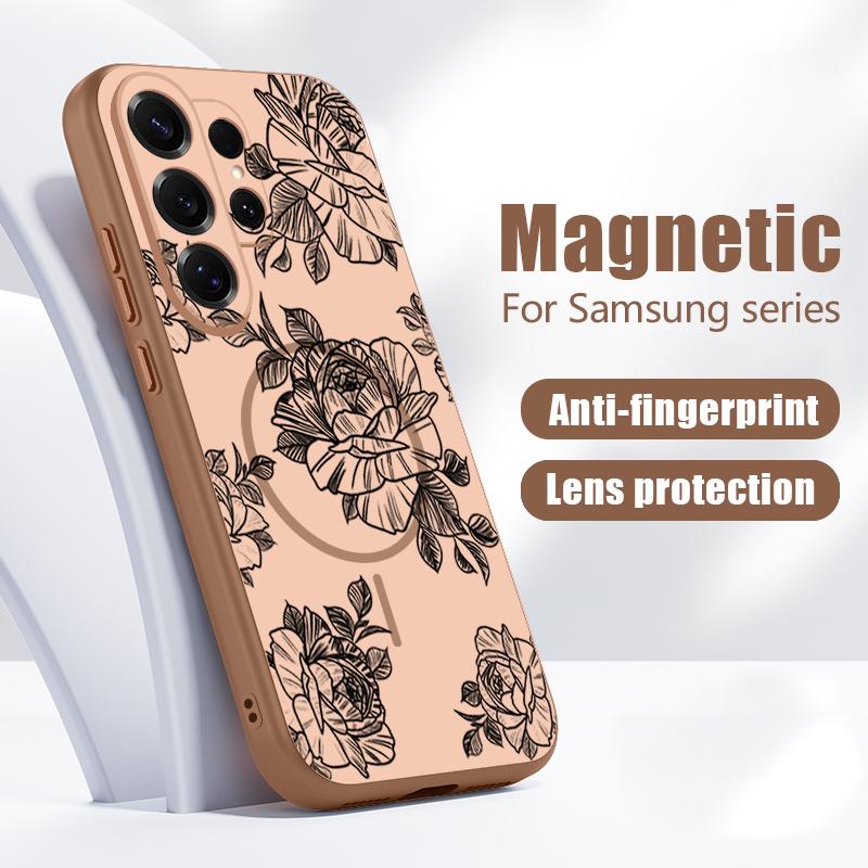 Magnetic For Magsafe Case For Samsung Galaxy S26 Ultra S25 Edge S24 Plus S23 FE S22 A54 A55 A56 5G Sketching Rose Flower Pattern Matte Cover