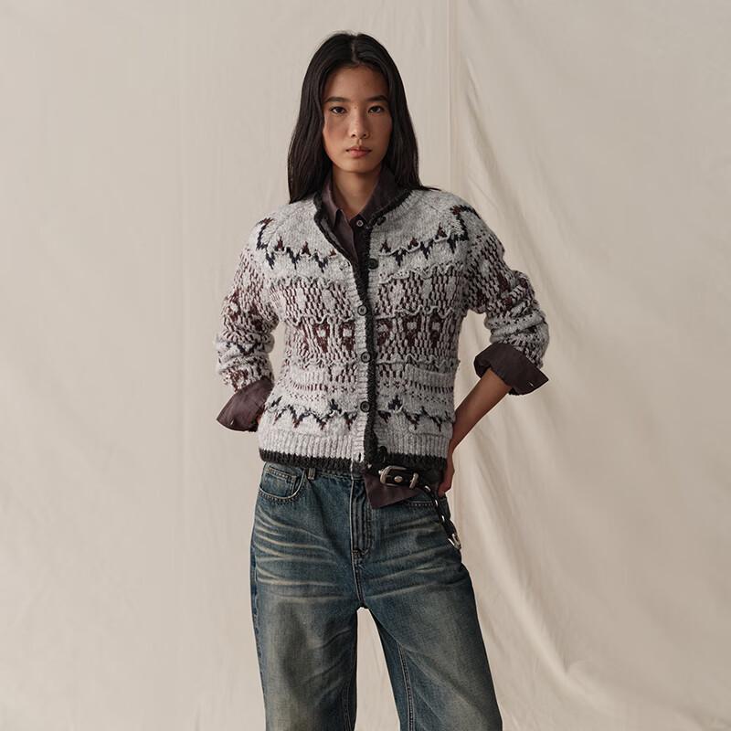 GREEN BELT Fair Isle Round Neck Cardigan Sweater