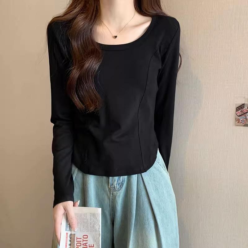 Right Shoulder Fishbone Waist Long-sleeved T-shirt for Women Autumn New Design Square Collar Curved Hem Bottoming Shirt Top Clothes