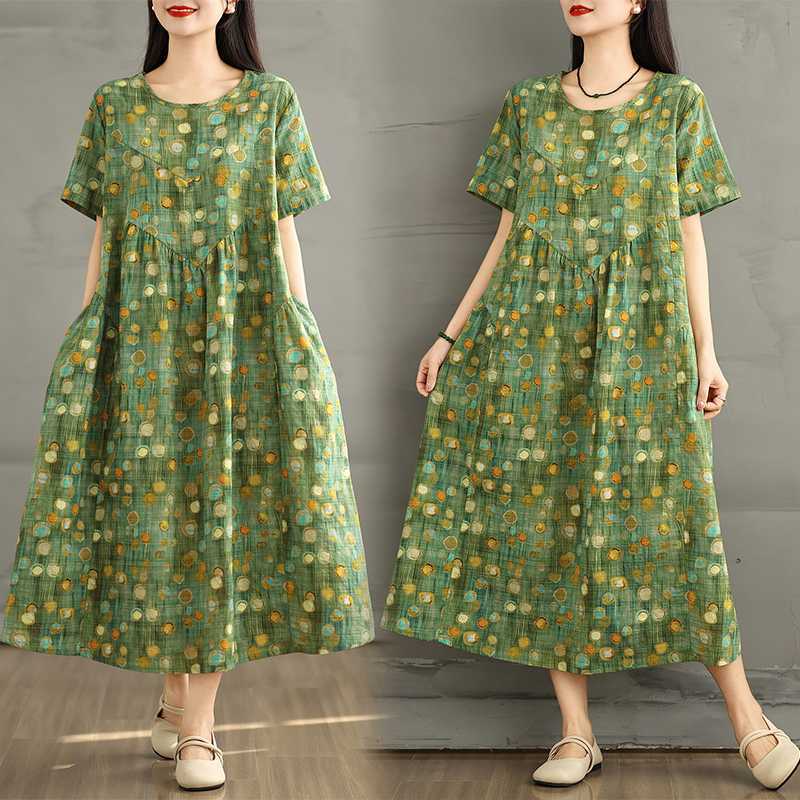 Summer Retro Cotton and Linen Round Neck Short Sleeved Dress, Women's Loose Skirt