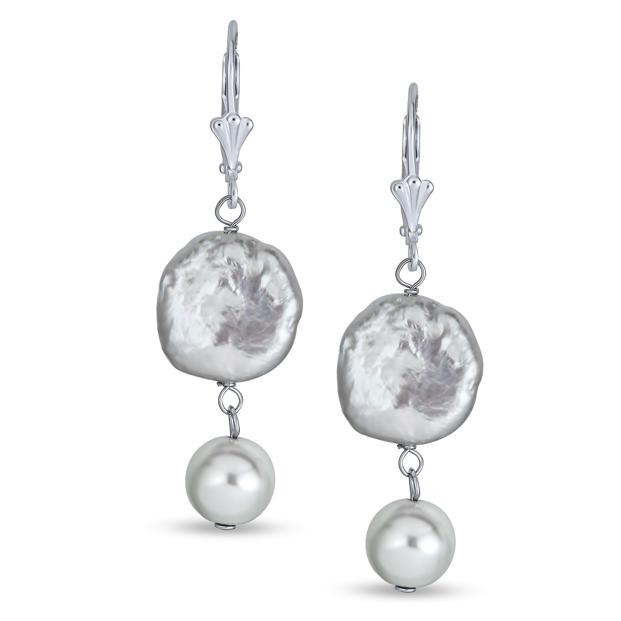 

Bridal White Coin Loquat Cultured Pearl Lever Back Dangle Earrings for Women Sterling Silver .925