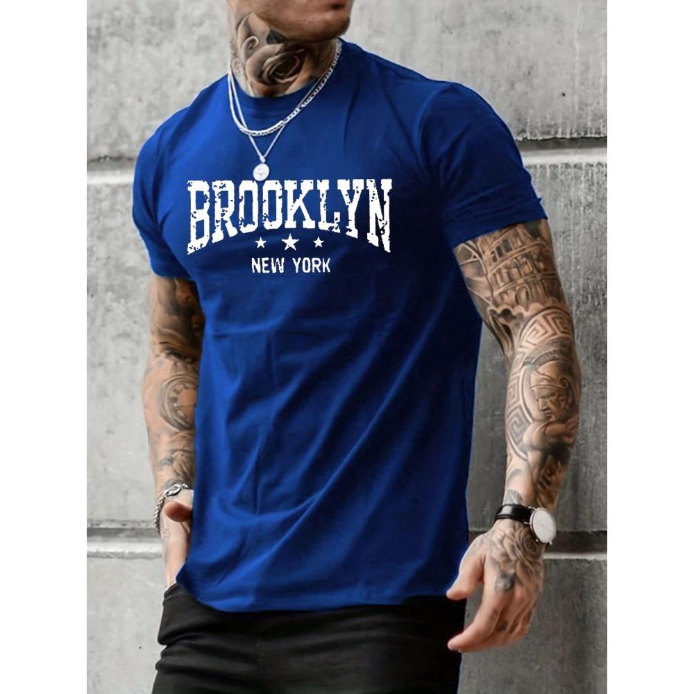 Herren 100% reine Baumwolle Sommer Freizeit Locker Brooklyn New York Buchstabendruck Bequem Rundhals Kurzarm T-Shirt Oberteil