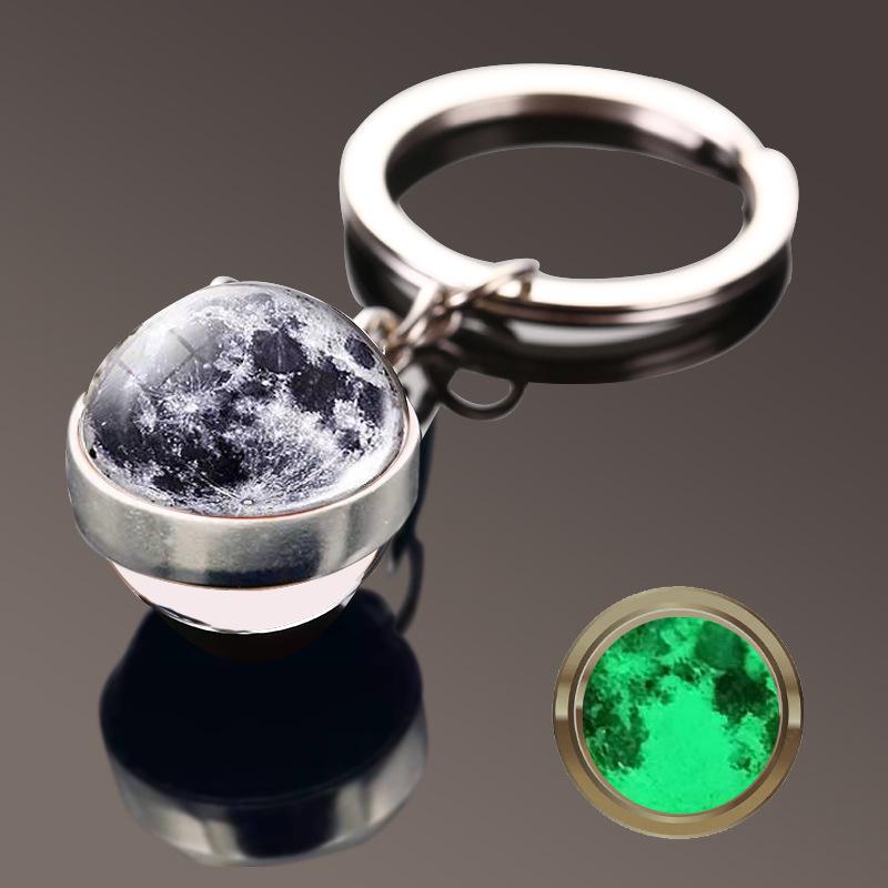 Double-Sided Glass Galaxy Keychain with Moon, Earth, Mars Pendants