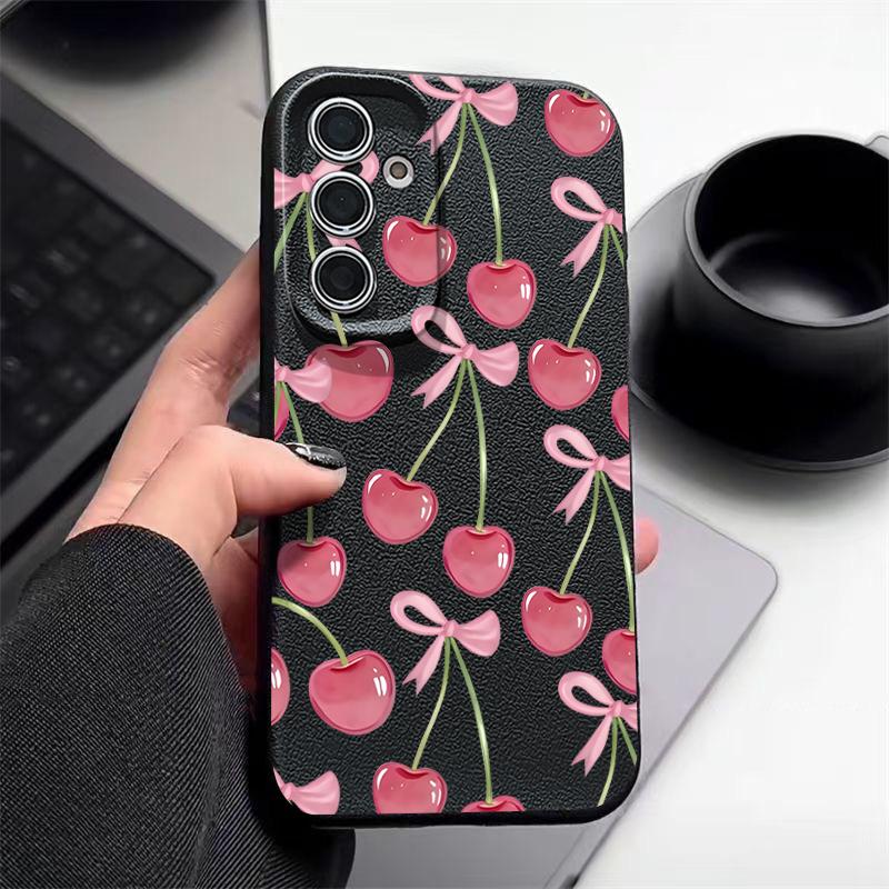 Crystal Cherry Fruits Bowknots Case For Samsung Galaxy A57 A37 A17 A56 A36 A26 A16 A55 A35 A25 A15 A54 5G S21 FE S22 S23 S24 Plus S25 Edge S26 Ultra