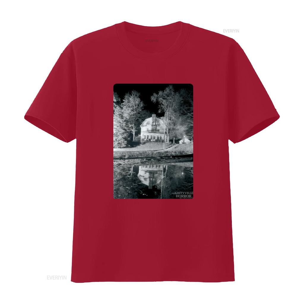 Amityville Horror Classic Black T Shirt for Adults Spooky Nighttime House Print Design Vintage Washed Unisex Designer Clothes
