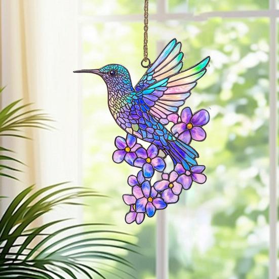Barevný lapač slunce s kolibříkem Vitrážové akrylové květinové a kolibříkové dekorace Závěsný lapač slunce