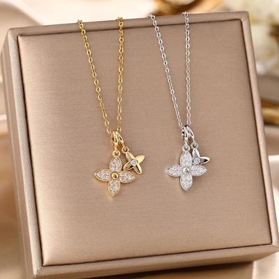 Dames Titanium Stalen Ketting, Micro-gepavé Diamanten, Dubbel Vierklaver Ontwerp, Modieuze High-End Sleutelbeenkettinkje