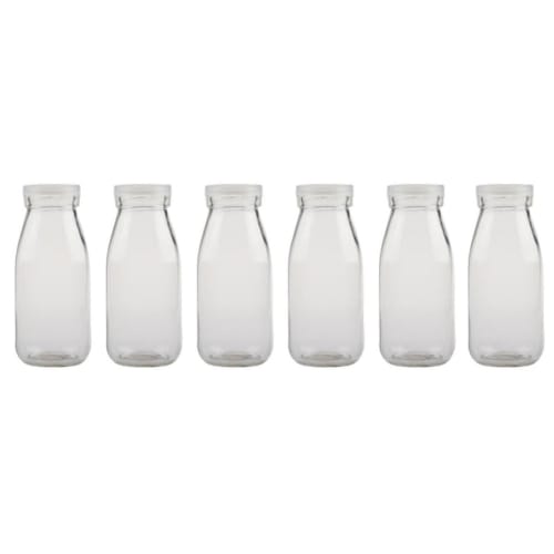 BESTonZON 6-Piece Heat-Resistant Milk Bottles, 250ml, Glass Milk Jug, Glass Pudding Jar, Pitcher, Vintage Milk Bottles with Caps, Drinking Bottles, Te