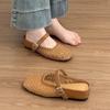 Spot Model~ Soft Leather Inner Height Increase Hollow Bag Head Half Slippers Women's Summer Outer Wear Woven Muller Cool Slippers Beach Shoes