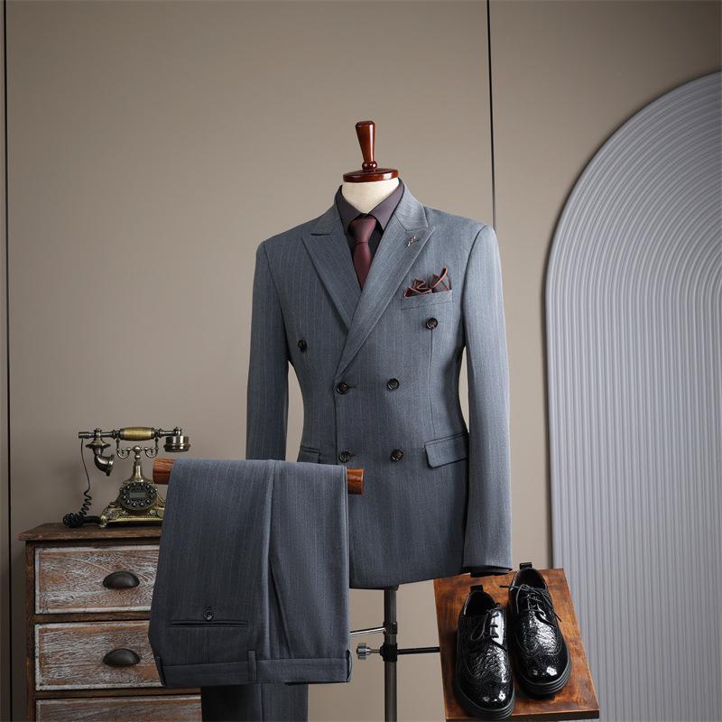 Men's Double-Breasted Striped Suit Set for Weddings & Business – Slim Fit Tuxedo & Formal Wear