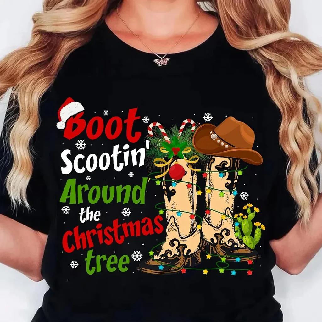 Y2k Clothes Boots Christmas Western Cowboy Holiday Tshirt Casual Short Sleeved Top Womens Cartoon Streetwear Sweet and Cool