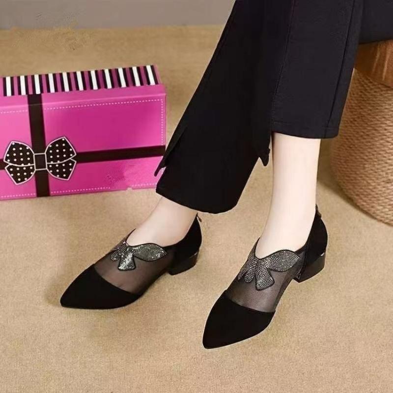 

Туфли-лодочки на толстом каблуке с острым носком, дышащие сетчатые туфли, повседневные туфли с мягкой подошвой, новая универсальная обувь 40 чёрный