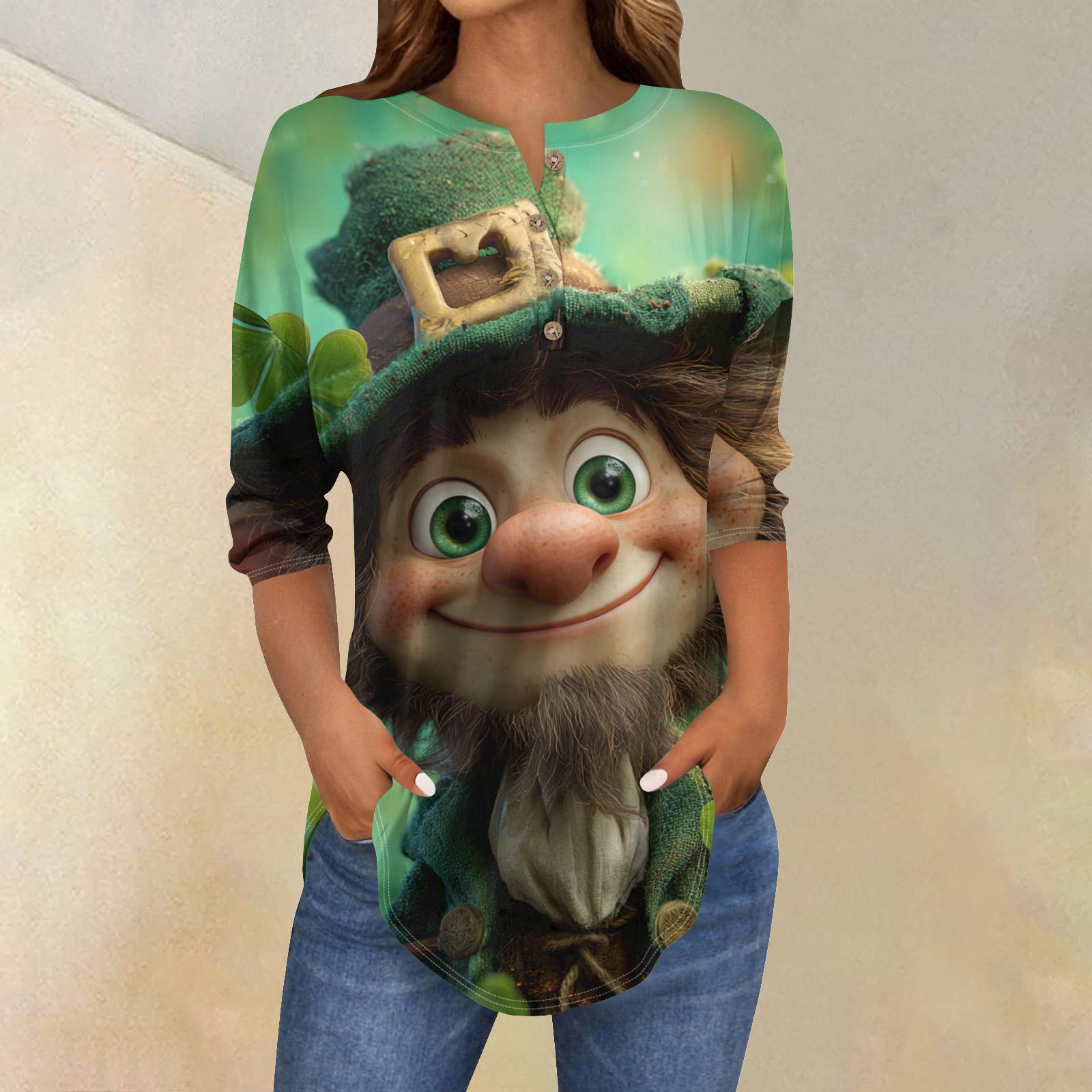 Women s Loose Button Collar Semana Print Three-quarter Sleeve T-shirt Shirt S циан