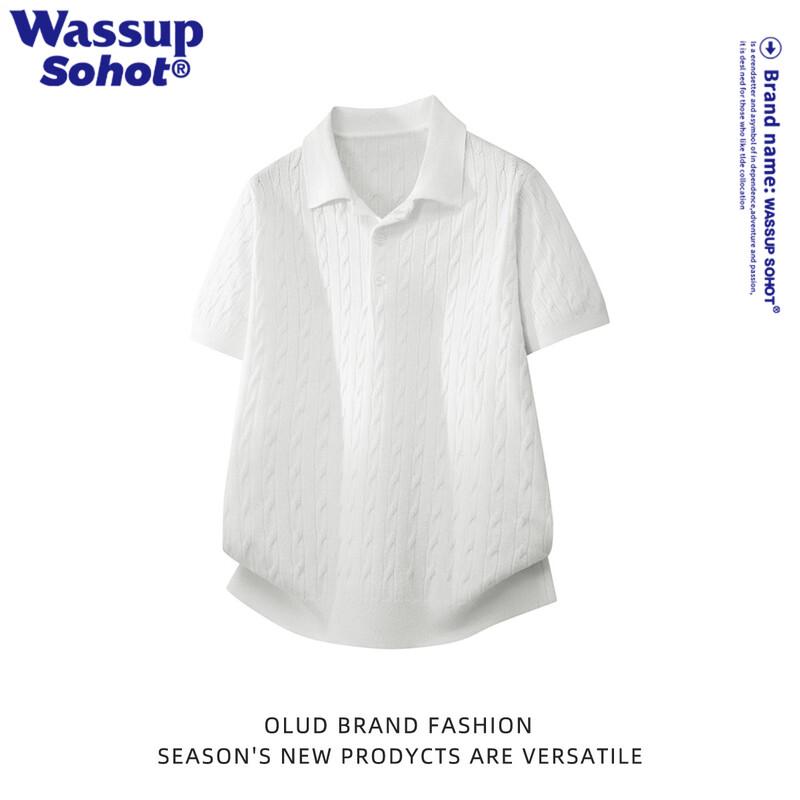 Wassup Sohot Men s American Retro Jacquard Knit Polo T-Shirt M белый