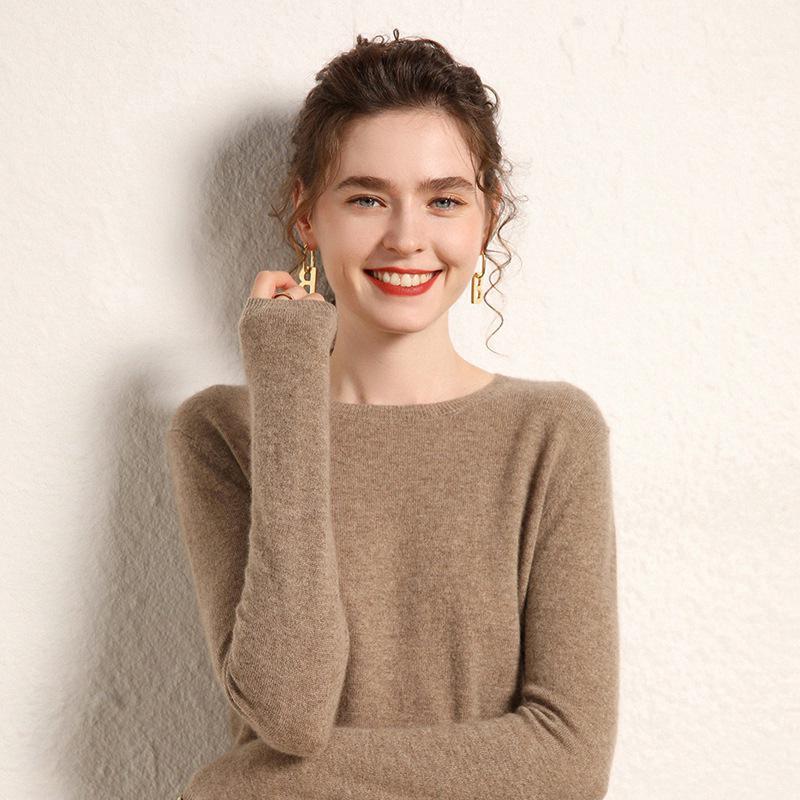 Women's Long Sleeve Round Neck Cashmere Sweater - Lightweight, Loose Knit, Short Pullover for Autumn/Winter