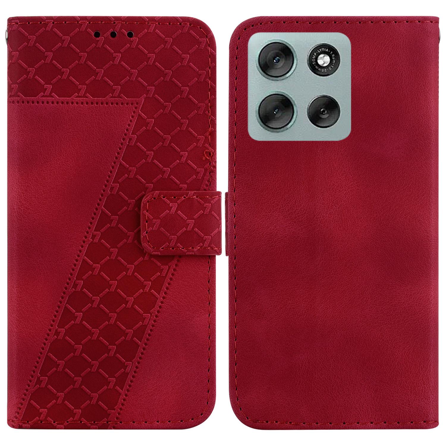 

For Motorola Moto G56 5G Stand Case 7-Shaped Pattern Imprint Leather Phone Cover with Strap Red