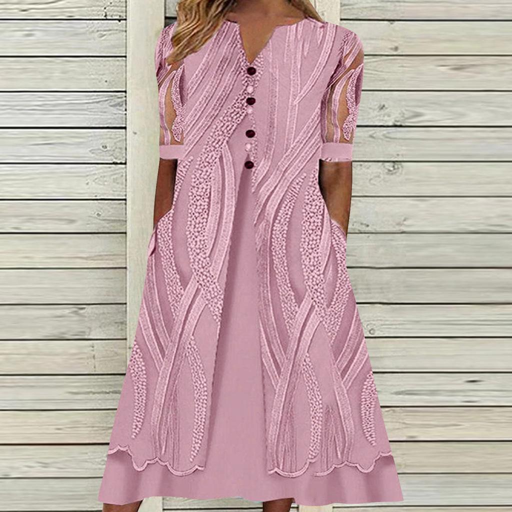 Rochie midi, ocazională, cu mânecă scurtă, cu decolteu în V, imprimeu, cu buzunar