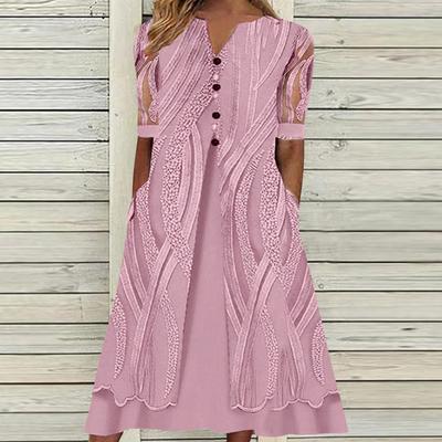 Fashion Women's Casual Short Sleeve V Neck Pocket Print Temperament Midi Dress