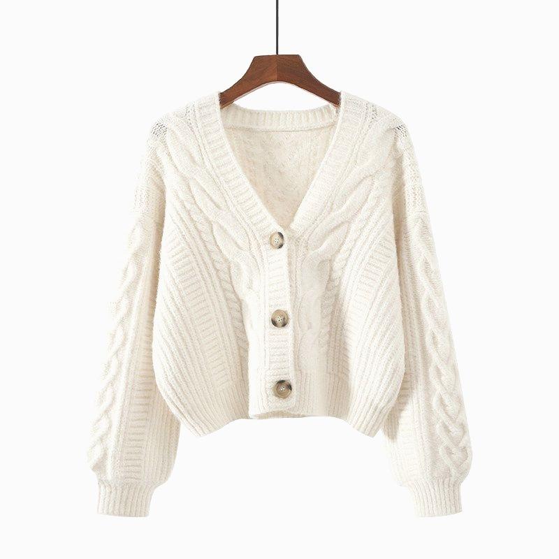 New V Neck Twist Cardigan Short Sweater Fashion Loose Women Korean Style Retro Jackets Solid Color Simple Elegant Office Coat Autumn Winter Clothing