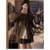 Women's Retro Brown Leather Motorcycle Jacket - Short, Loose Fit, Korean Style for Spring and Autumn, Small Size