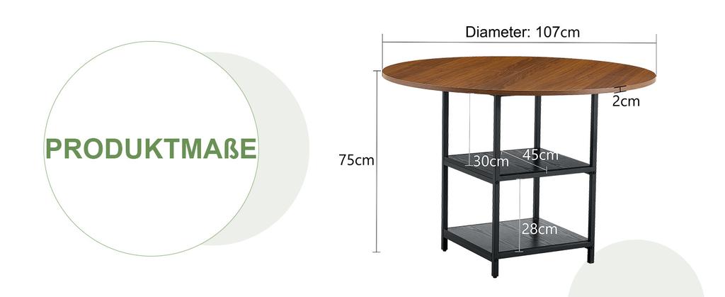 Round Dining Table with 107 Cm Diameter and Double Shelf In Walnut Look, MDF Top + Metal Frame, Suitable for 2–4 People, for European Family Meals.