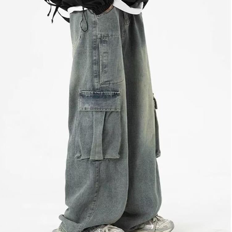 Men's American Retro Washed Wide-Leg Jeans with Big Pockets - Loose Straight-Leg Workwear Pants for Spring & Autumn.