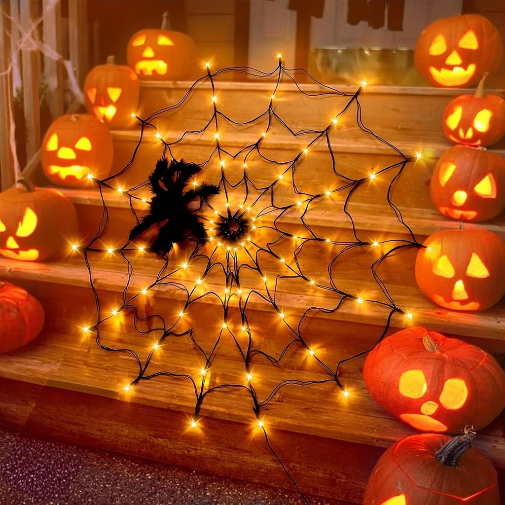 Halloween LED Spider Web Light Purple Orange Decorative String Lamp with 8 Mode Waterproof Indoor Outdoor Atmosphere Party Decor