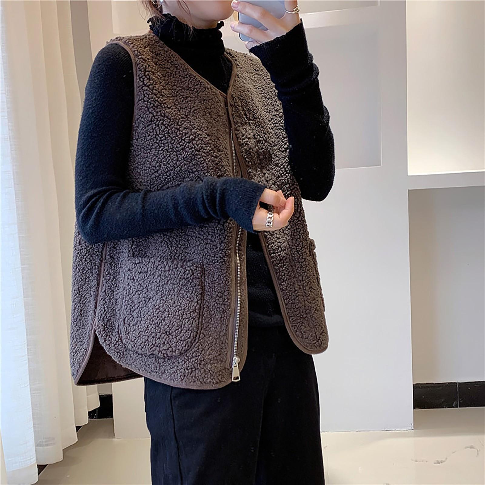 

Женский жилет, зимняя теплая верхняя одежда с капюшоном, повседневное пальто, куртка на молнии из искусственной кожи M кофейный